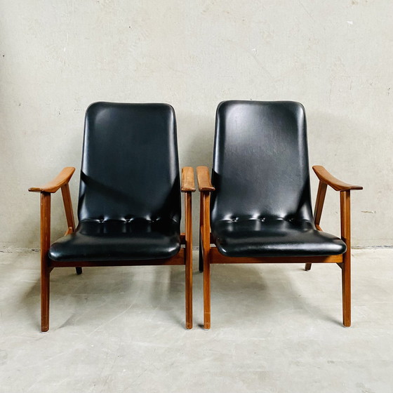 Image 1 of Elegant Set Of Two Mid - Century Black Skai Leather Armchairs With Teak Wood Frame | 1960s