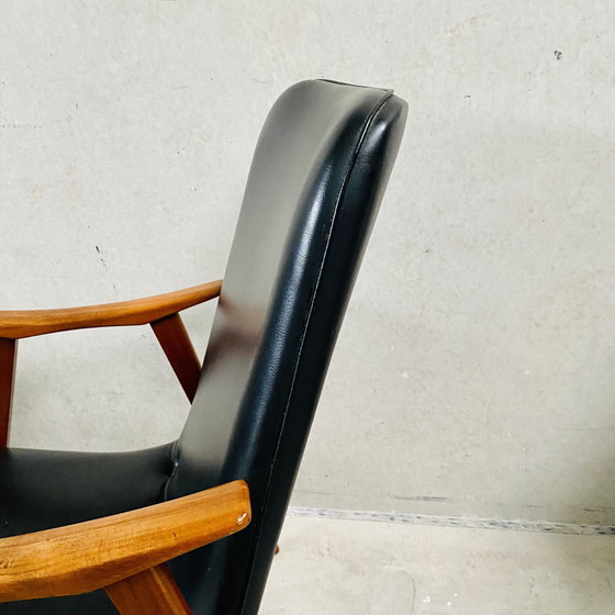 Image 1 of Elegant Set Of Two Mid - Century Black Skai Leather Armchairs With Teak Wood Frame | 1960s