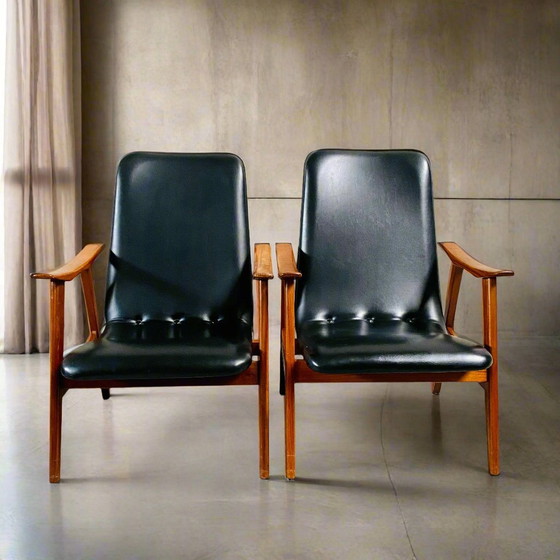 Image 1 of Elegant Set Of Two Mid - Century Black Skai Leather Armchairs With Teak Wood Frame | 1960s