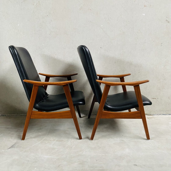 Image 1 of Elegant Set Of Two Mid - Century Black Skai Leather Armchairs With Teak Wood Frame | 1960s