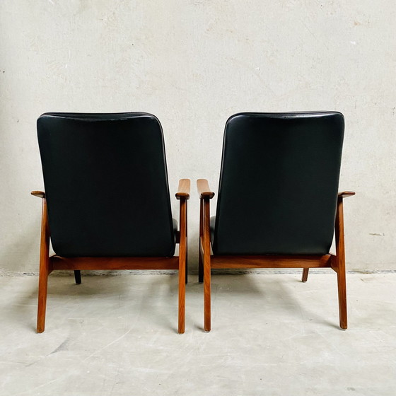 Image 1 of Elegant Set Of Two Mid - Century Black Skai Leather Armchairs With Teak Wood Frame | 1960s