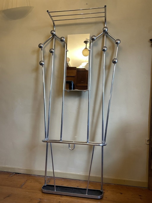 Vintage Aluminum Standing Coat Rack With Mirror 1950s French