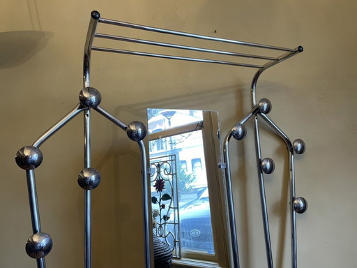Vintage Aluminum Standing Coat Rack With Mirror 1950s French