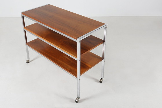 Image 1 of Mid-Century Serving Trolley In Teak Wood And Chrome Steel Frame, Belgium, 1960S