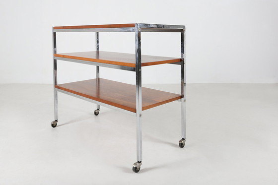 Image 1 of Mid-Century Serving Trolley In Teak Wood And Chrome Steel Frame, Belgium, 1960S