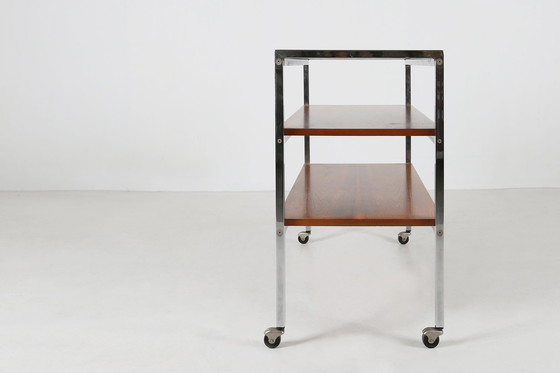 Image 1 of Mid-Century Serving Trolley In Teak Wood And Chrome Steel Frame, Belgium, 1960S