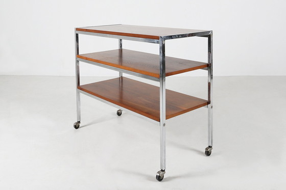 Image 1 of Mid-Century Serving Trolley In Teak Wood And Chrome Steel Frame, Belgium, 1960S