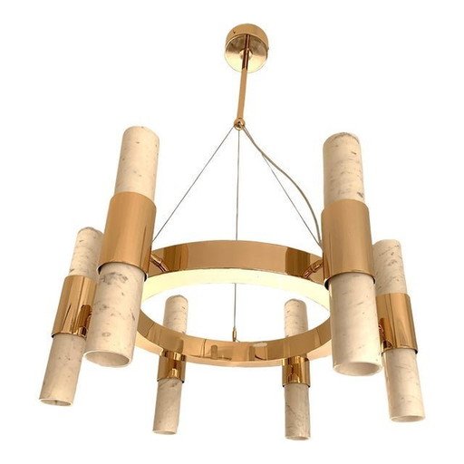 Contemporary Double Carrara Marble Gold Ring Chandelier