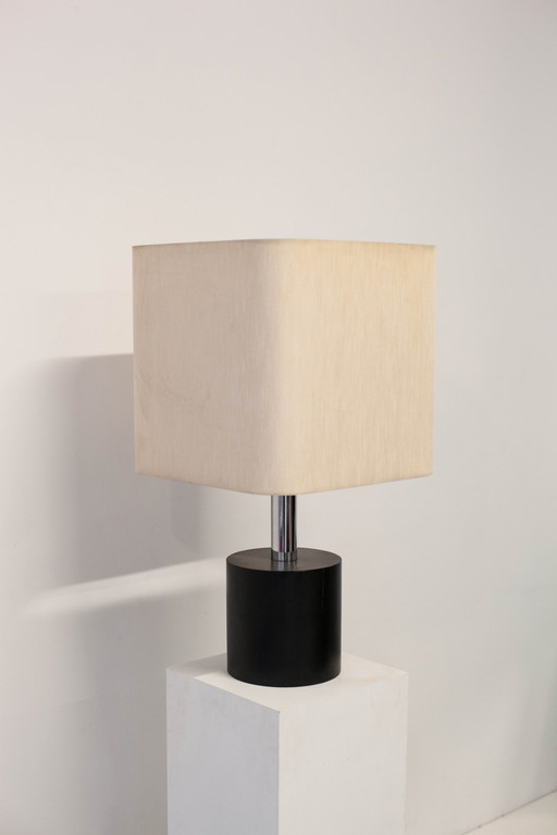 Big Wooden, Chrome And Linen Table Lamp, Unknown Italian, 1970S