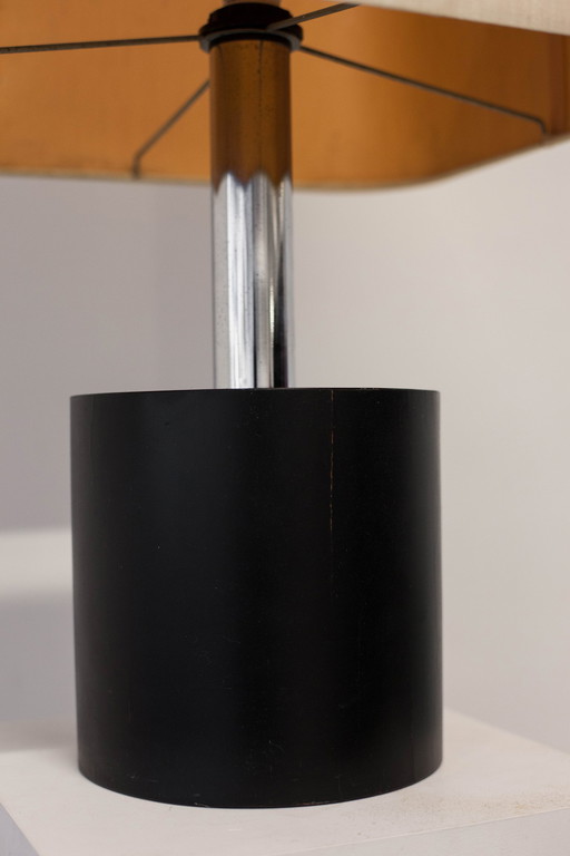 Big Wooden, Chrome And Linen Table Lamp, Unknown Italian, 1970S