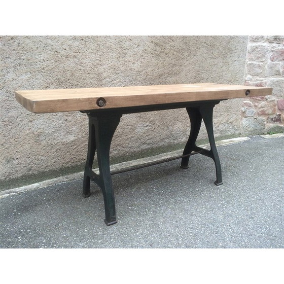 Image 1 of Vintage industrial workshop table with cast iron base, 1910