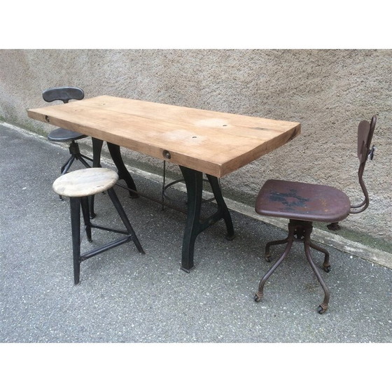 Image 1 of Vintage industrial workshop table with cast iron base, 1910
