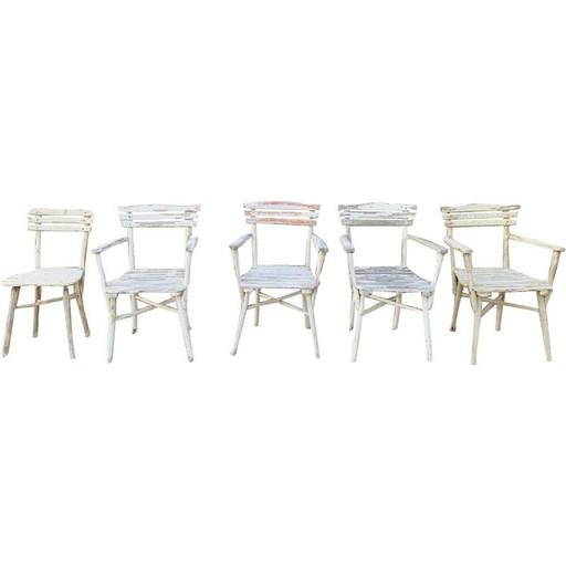 Set of 4 vintage wooden garden chairs and 1 chair, 1960