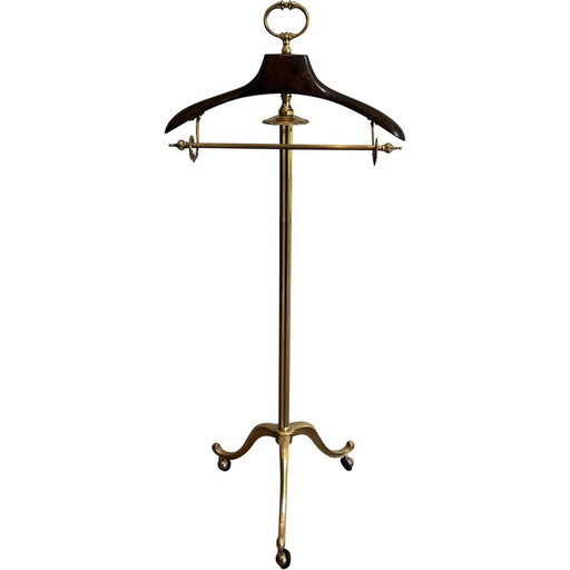 Mesita de noche vintage de latón y madera con ruedas, 1940