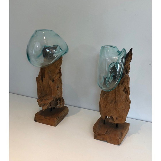 Image 1 of Pair of vintage wood and glass vases, France 1980