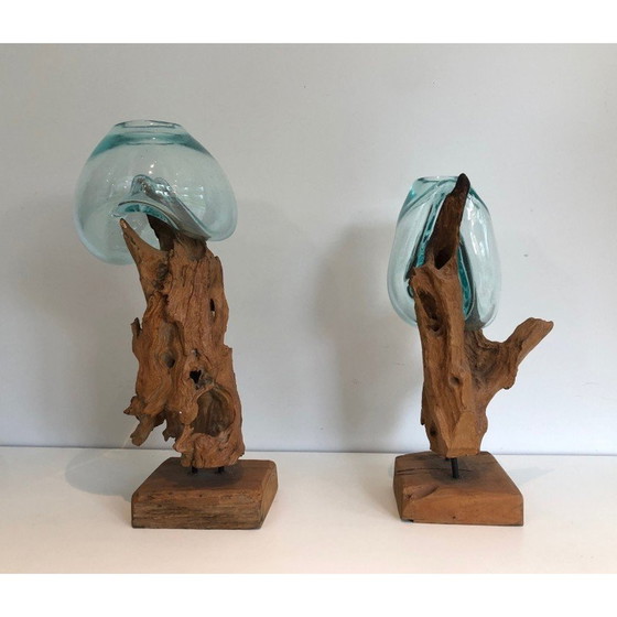 Image 1 of Pair of vintage wood and glass vases, France 1980