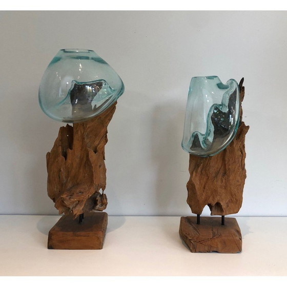 Image 1 of Pair of vintage wood and glass vases, France 1980