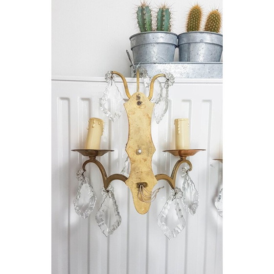 Image 1 of Pair of vintage bronze and crystal sconces
