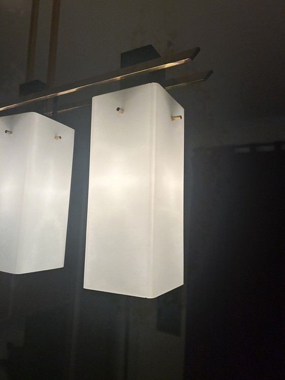 Image 1 of 3-light pendant lamp, opaline and brass Maison Arlus 1950