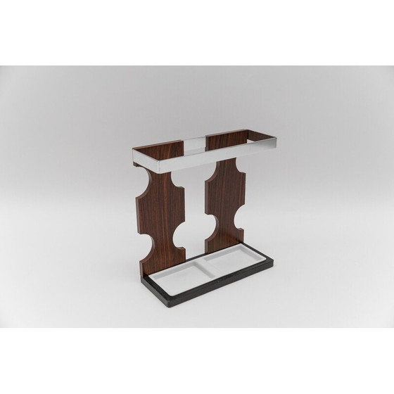 Image 1 of Pair of vintage walnut wall-mounted coat racks with chrome hooks and umbrella holder, 1970