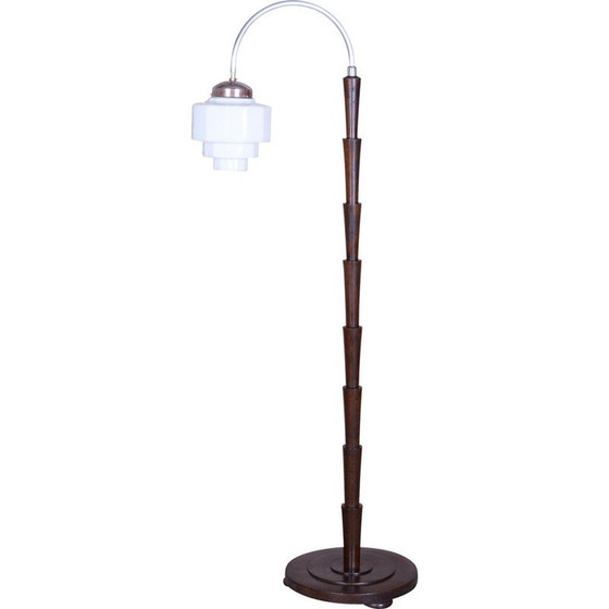 Image 1 of Vintage Art Deco floor lamp in beech and chrome steel, Czechoslovakia 1920
