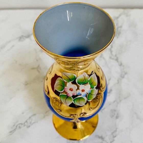 Image 1 of Czech glass vase gold leaf opaline