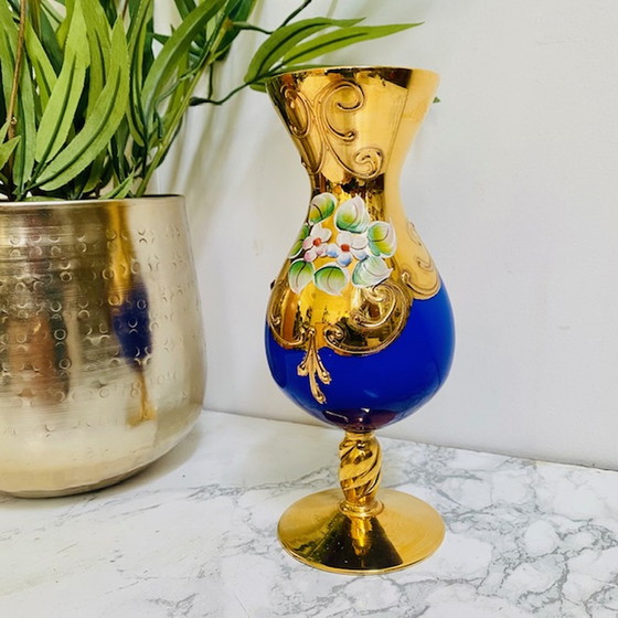 Image 1 of Czech glass vase gold leaf opaline