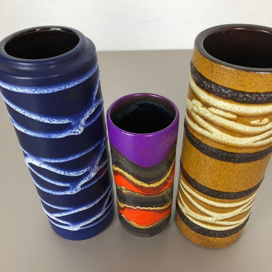 Image 1 of Set of 3 vintage lava clay vases "TUBE" from Scheurich, Germany 1970