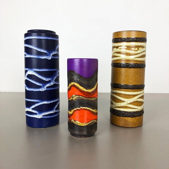 Image 1 of Set of 3 vintage lava clay vases "TUBE" from Scheurich, Germany 1970