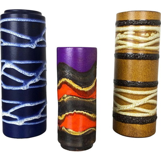 Conjunto de tres jarrones vintage de arcilla volcánica "TUBE" de Scheurich, Alemania, 1970