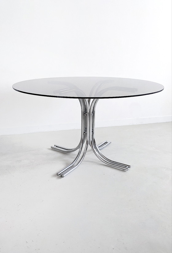 Image 1 of Table de salle à manger italienne en chrome et verre fumé 1970