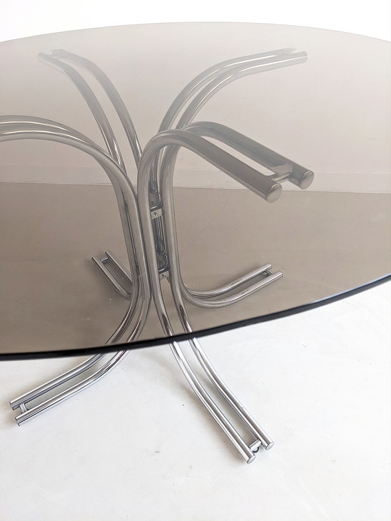 Image 1 of Italian Chrome & Smoked Glass Dining Table 1970's