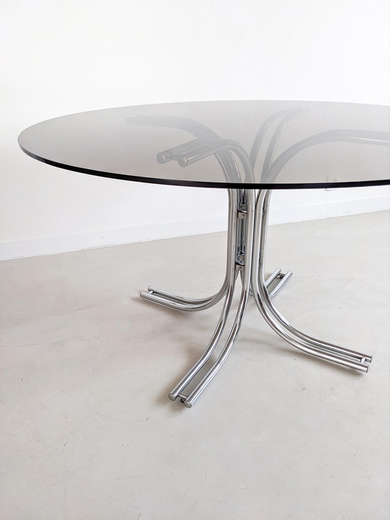 Image 1 of Table de salle à manger italienne en chrome et verre fumé 1970