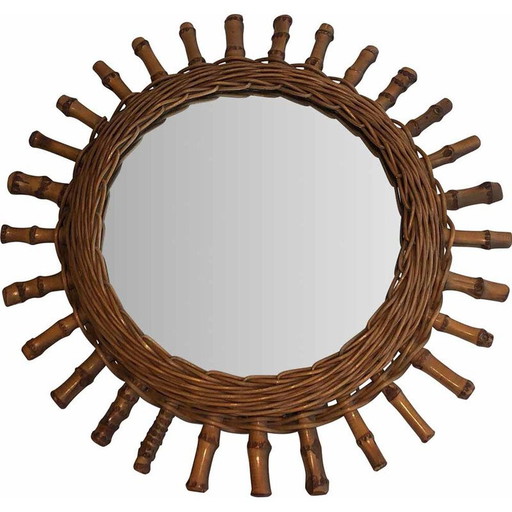 Specchio rotondo vintage in rattan, Francia anni '70