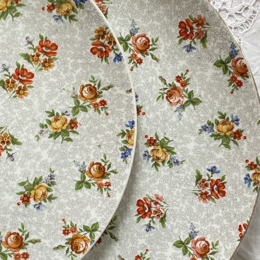 Lot De 2 Plats Tarte Gâteaux Porcelaine Limoges Fleurs Et Dorure