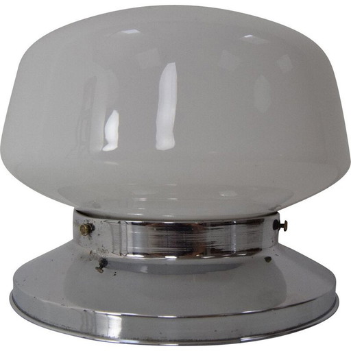 Vintage art deco chrome and milk glass ceiling light, Czechoslovakia 1930