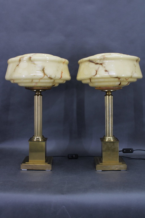 1940S Pair Of Italian Restored Brass Table Lamps With Glass Shades 