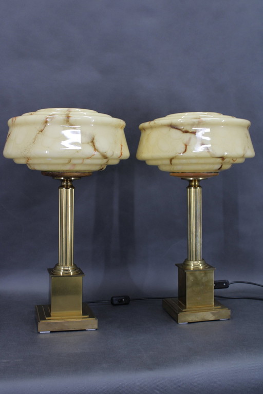 1940S Pair Of Italian Restored Brass Table Lamps With Glass Shades 