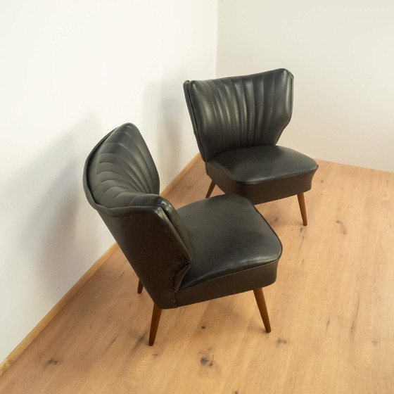 Image 1 of 2x 1950s Cocktail Chairs: Beech Frame with Black Artificial Leather