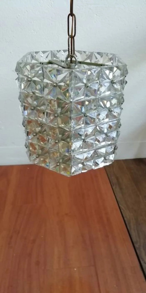 Ceiling Pendant Light, Kinkeldey, Mid Century Modern, Art Deco, Crystal, Chrome, True Vintage