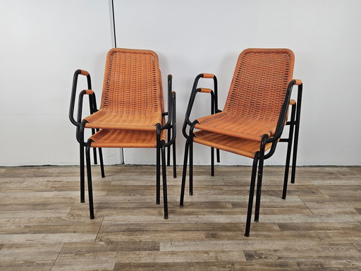 1960S Bar Chairs In Iron And Orange Woven Plastic