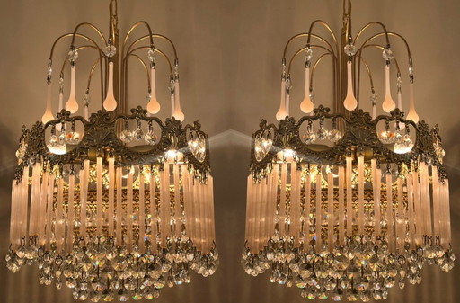 Set Of 2 Opaline Rod Teardrop Chandeliers