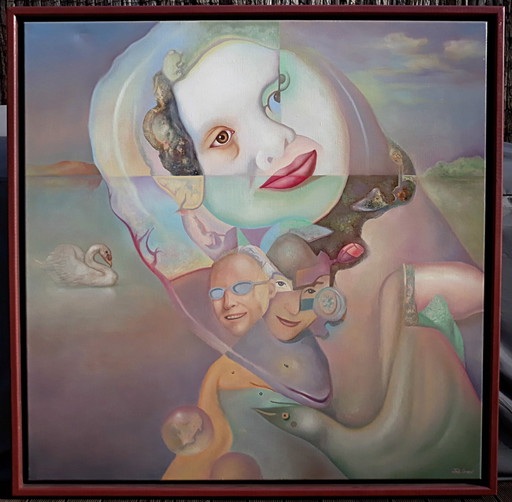 Johannes Garst - Surrealistisch tafereel, olieverf op doek – schilderijen tekeningen, Canvas, Modern