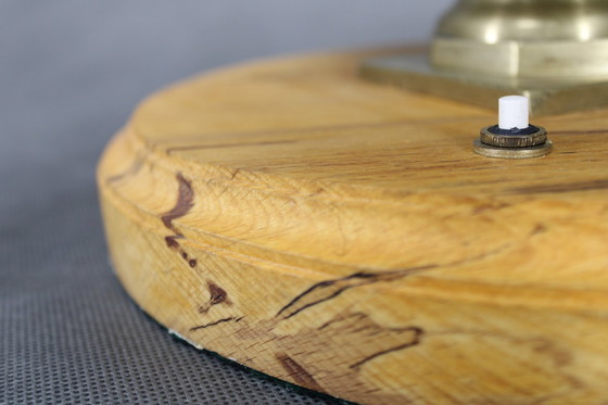 Image 1 of 1940S Restored Brass Table Lamp With Wooden Base And Glass Shade