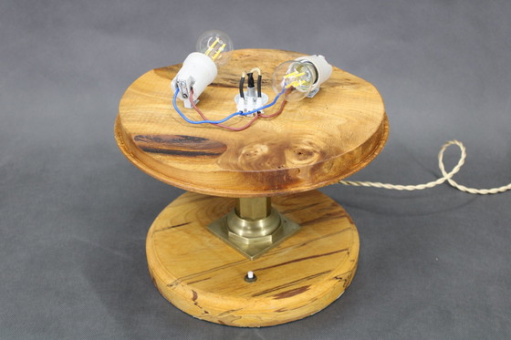 Image 1 of 1940S Restored Brass Table Lamp With Wooden Base And Glass Shade