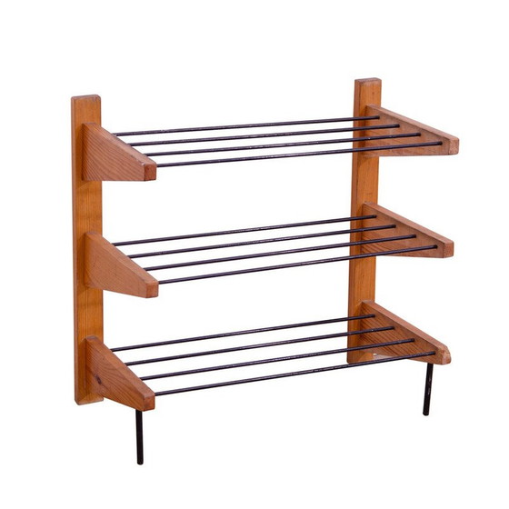 Image 1 of Vintage shoe rack in wood and metal for Dřevotvar, Czechoslovakia 1960