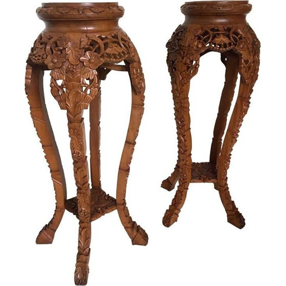 Image 1 of Set of 2 vintage Large Brown Hand Carved sidetable 1940