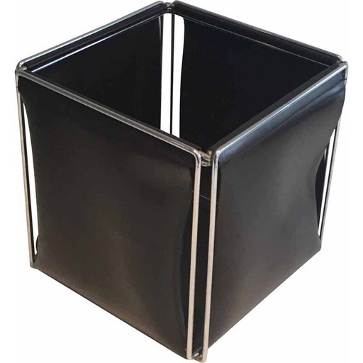 Vintage wastepaper basket in chrome and skai, 1970