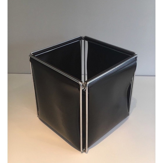 Image 1 of Vintage wastepaper basket in chrome and skai, 1970