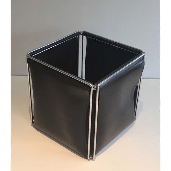 Image 1 of Vintage wastepaper basket in chrome and skai, 1970